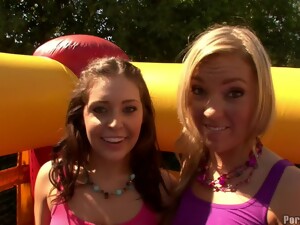 Gracie And Ally Sharing The Stiffest Cock On The Playground